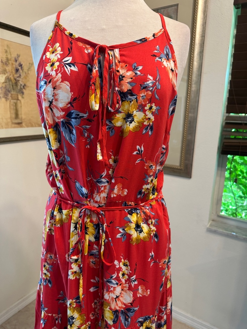 Band of Gypsies Red Floral Boho Maxi Dress w/Adjustable Straps Size Large - Picture 15 of 16